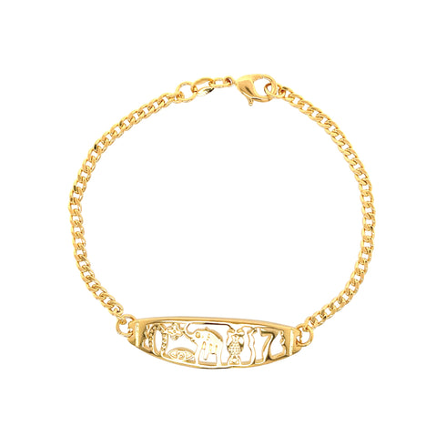 The 7 Lucky Charm Plate Bracelet boasts a Cuban curb link chain and features an intricate rectangular plate with animal cutout designs, such as an elephant. This exquisite piece is made from 14k gold-filled material and is completed with a secure lobster clasp closure.